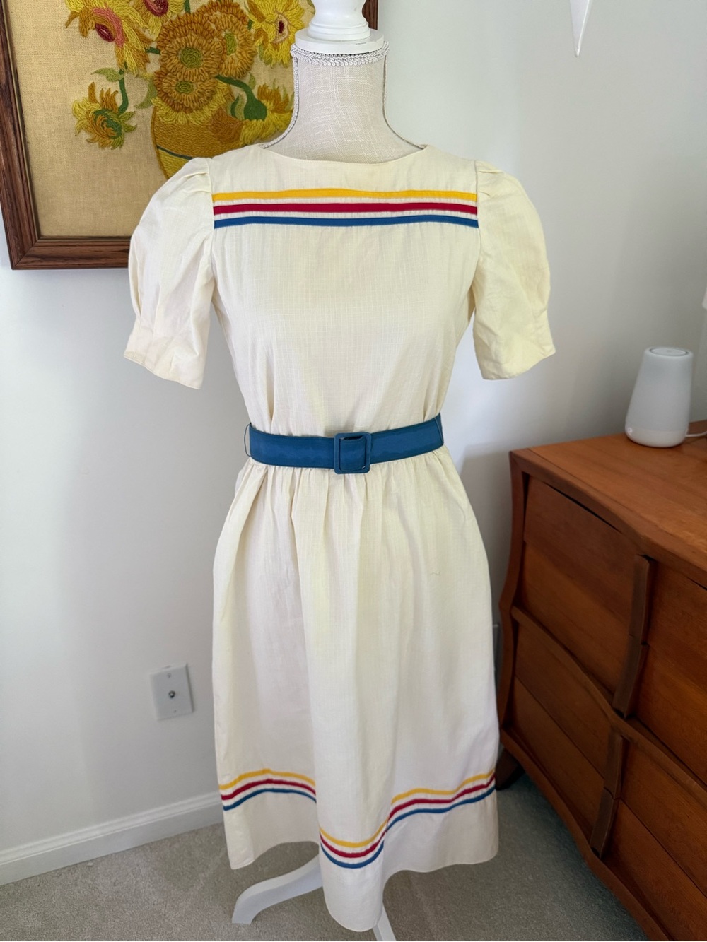 Vintage 70s Cream Short-Sleeve Dress with Rainbow Trim